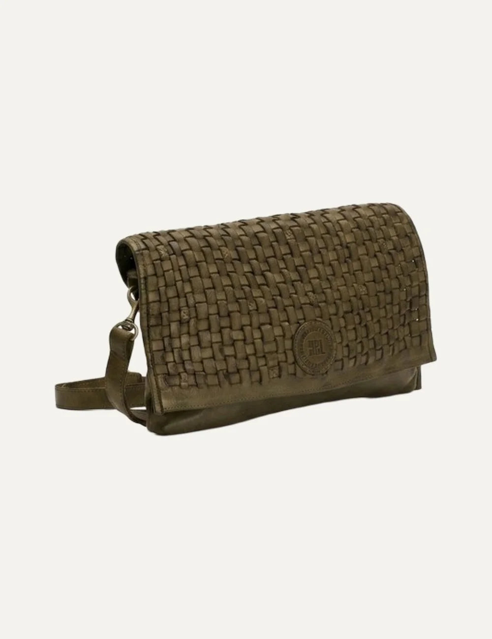 Biba khaki washed leather crossbody bag with handwoven flap, rectangular shape and adjustable detachable strap side