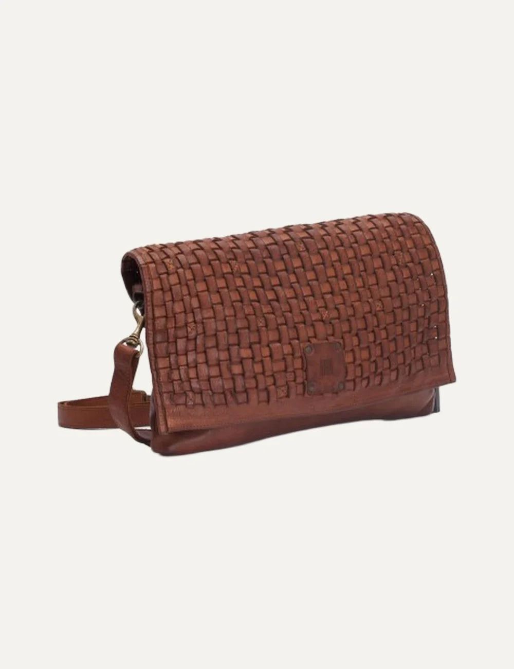 Biba khaki washed leather crossbody bag with hand-braided flap, rectangular silhouette and adjustable strap side