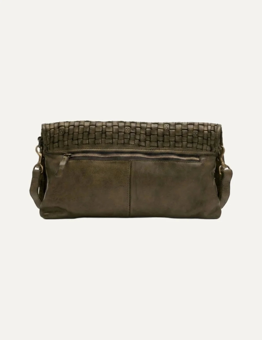 Biba khaki washed leather crossbody bag with handwoven flap, rectangular shape and adjustable detachable strap back
