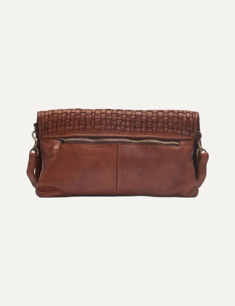 Biba khaki washed leather crossbody bag with hand-braided flap, rectangular silhouette and adjustable strap back
