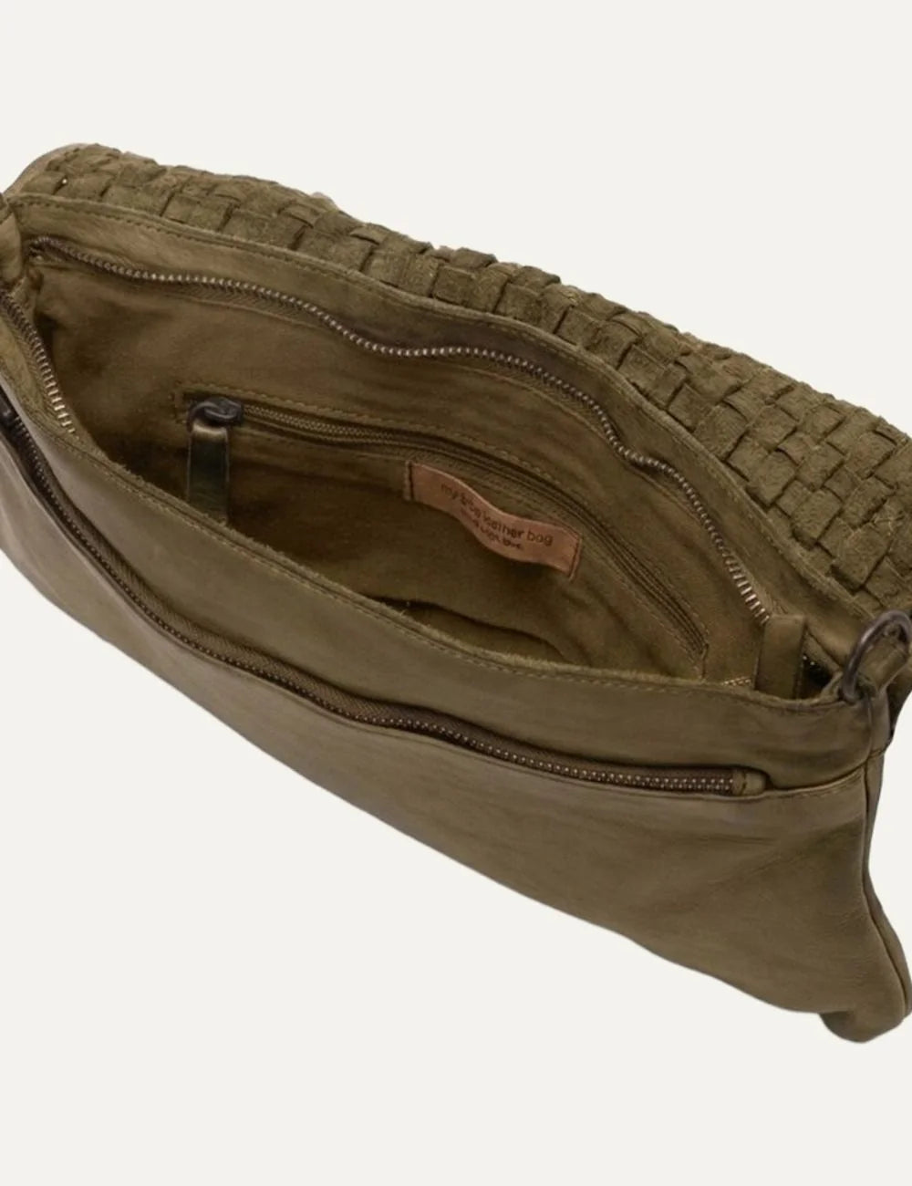 Biba khaki washed leather crossbody bag with handwoven flap, rectangular shape and adjustable detachable strap top
