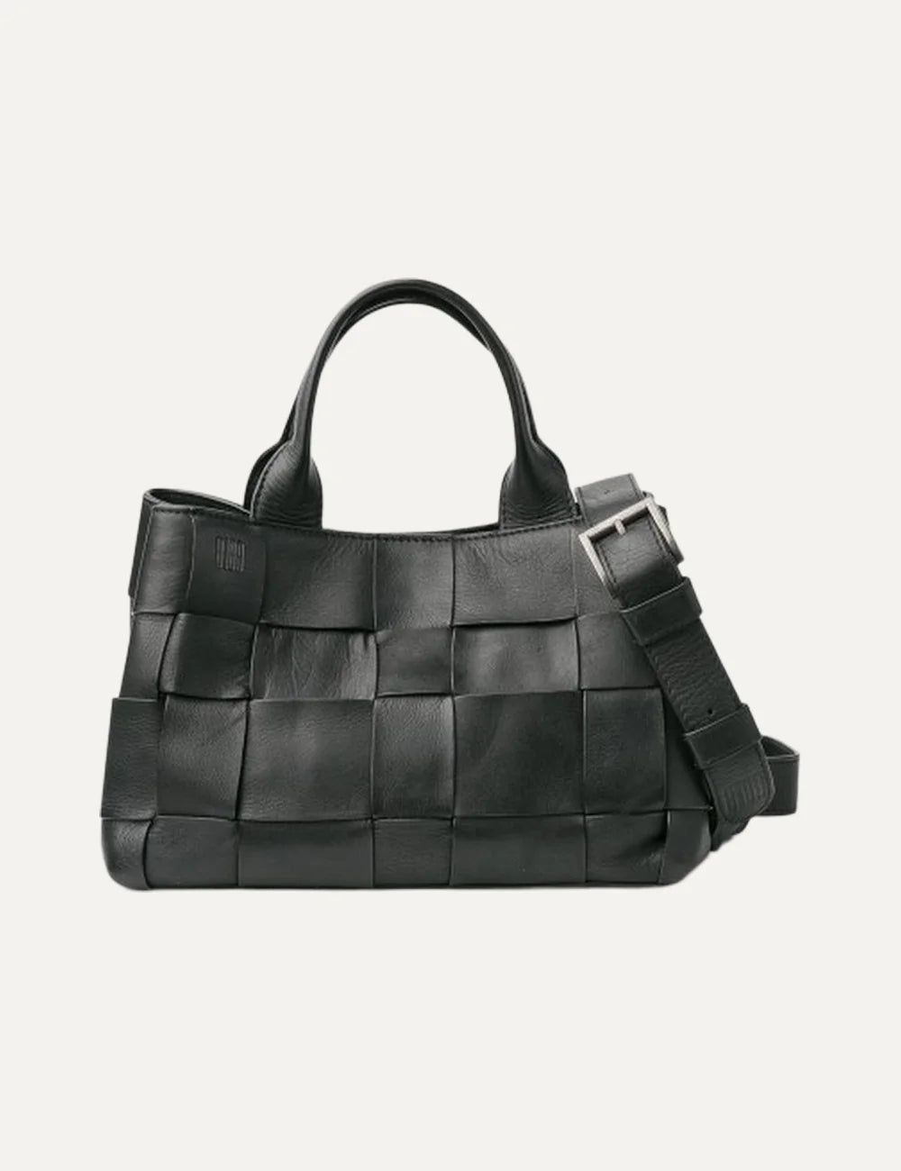Biba Wann women's black woven leather bowling bag with wide basket-weave detailing, double top handles and an adjustable detachable shoulder strap.