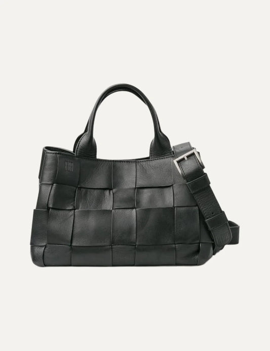 Biba Wann women's black woven leather bowling bag with wide basket-weave detailing, double top handles and an adjustable detachable shoulder strap.