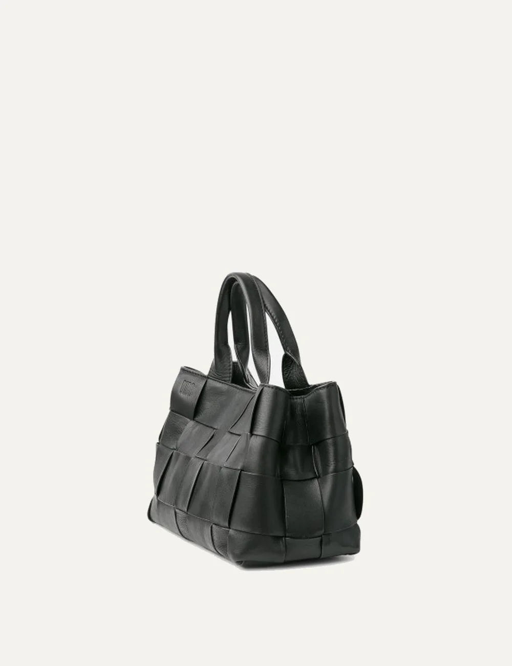 Biba Wann women's black woven leather bowling bag with wide basket-weave detailing, double top handles and an adjustable detachable shoulder strap side