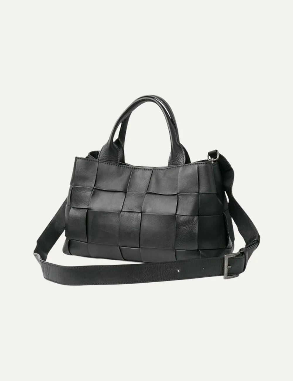 Biba Wann women's black woven leather bowling bag with wide basket-weave detailing, double top handles and an adjustable detachable shoulder strap side
