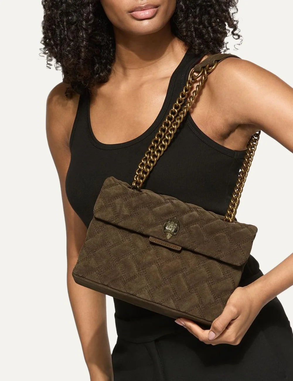 Kurt Geiger London women Leather Kensington brown suede shoulder bag with eagle head and chain strap model