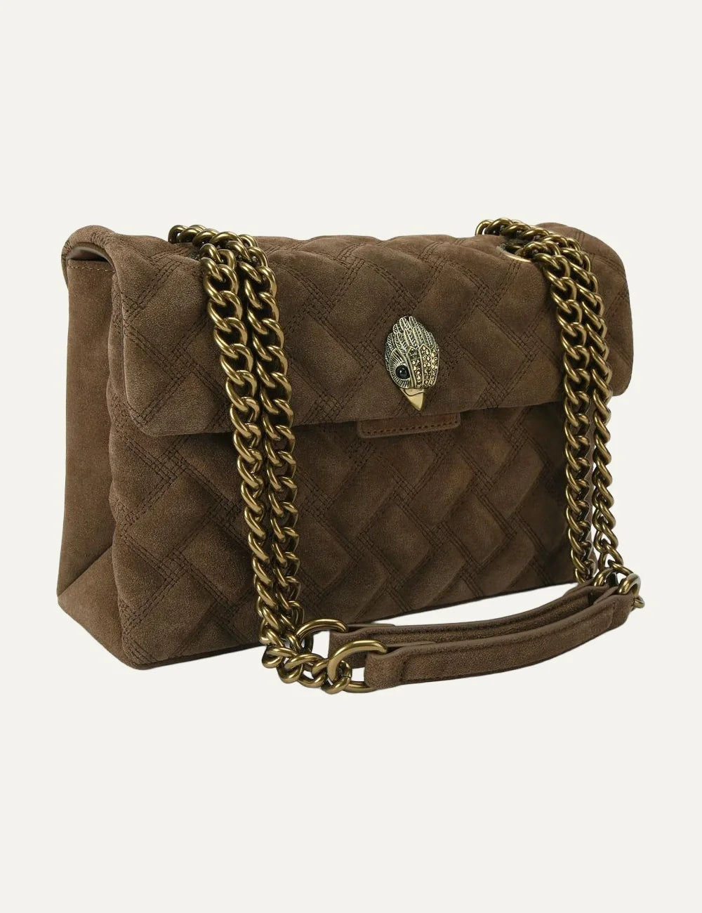 Kurt Geiger London women Leather Kensington brown suede shoulder bag with eagle head and chain strap full body