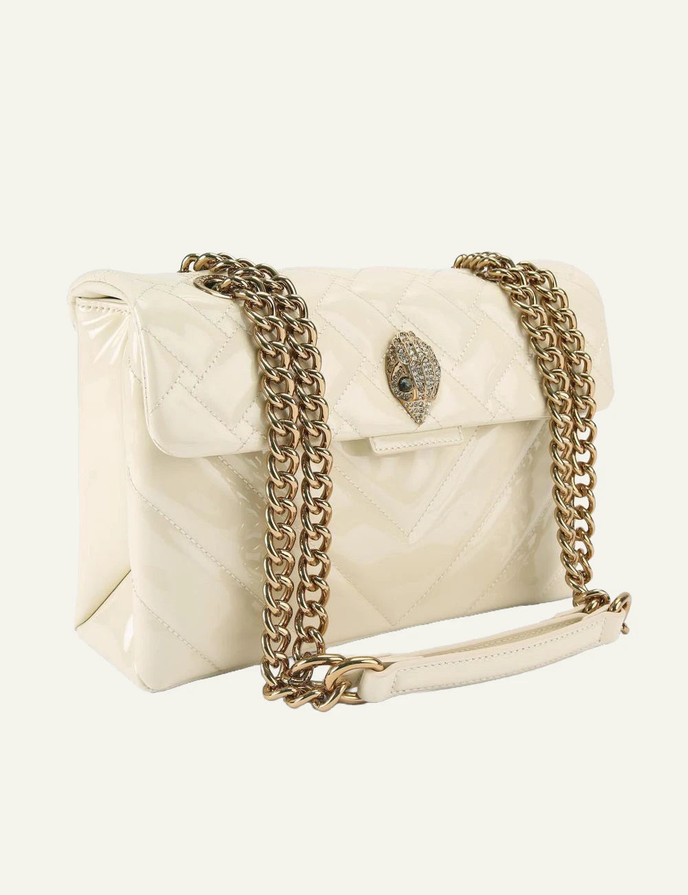 Kurt Geiger Kensington patent leather bag side view chain detail