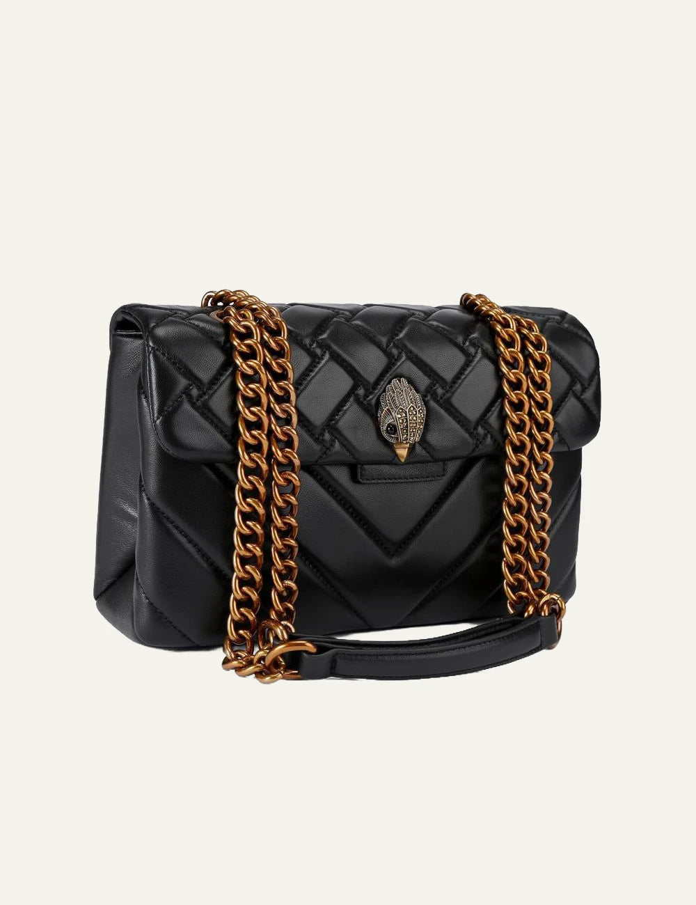 Black quilted leather Kensington X bag side detail with gold chain strap