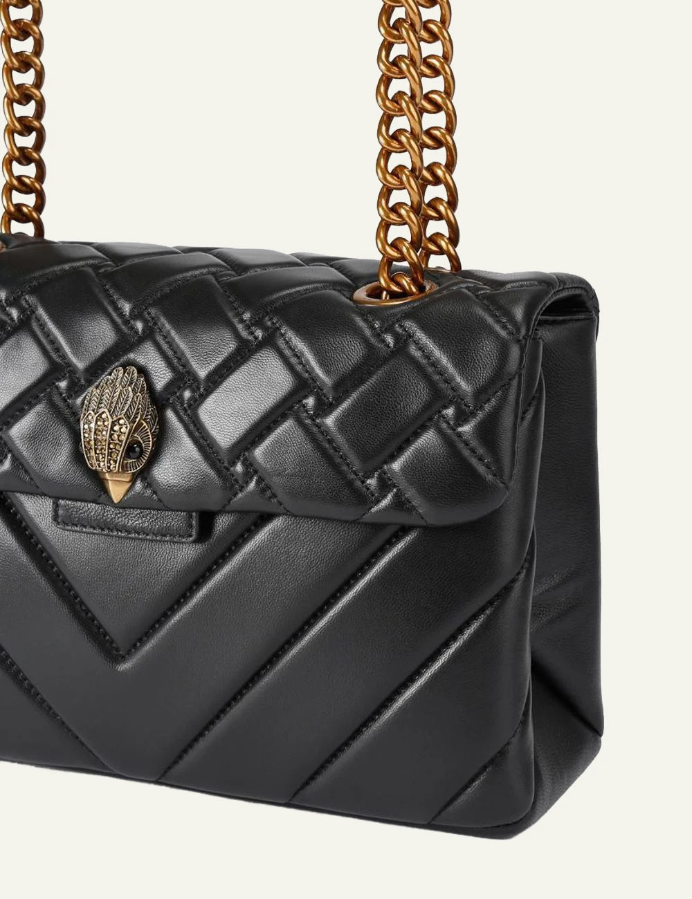 Front view black leather quilted Kensington X bag with gold chain strap