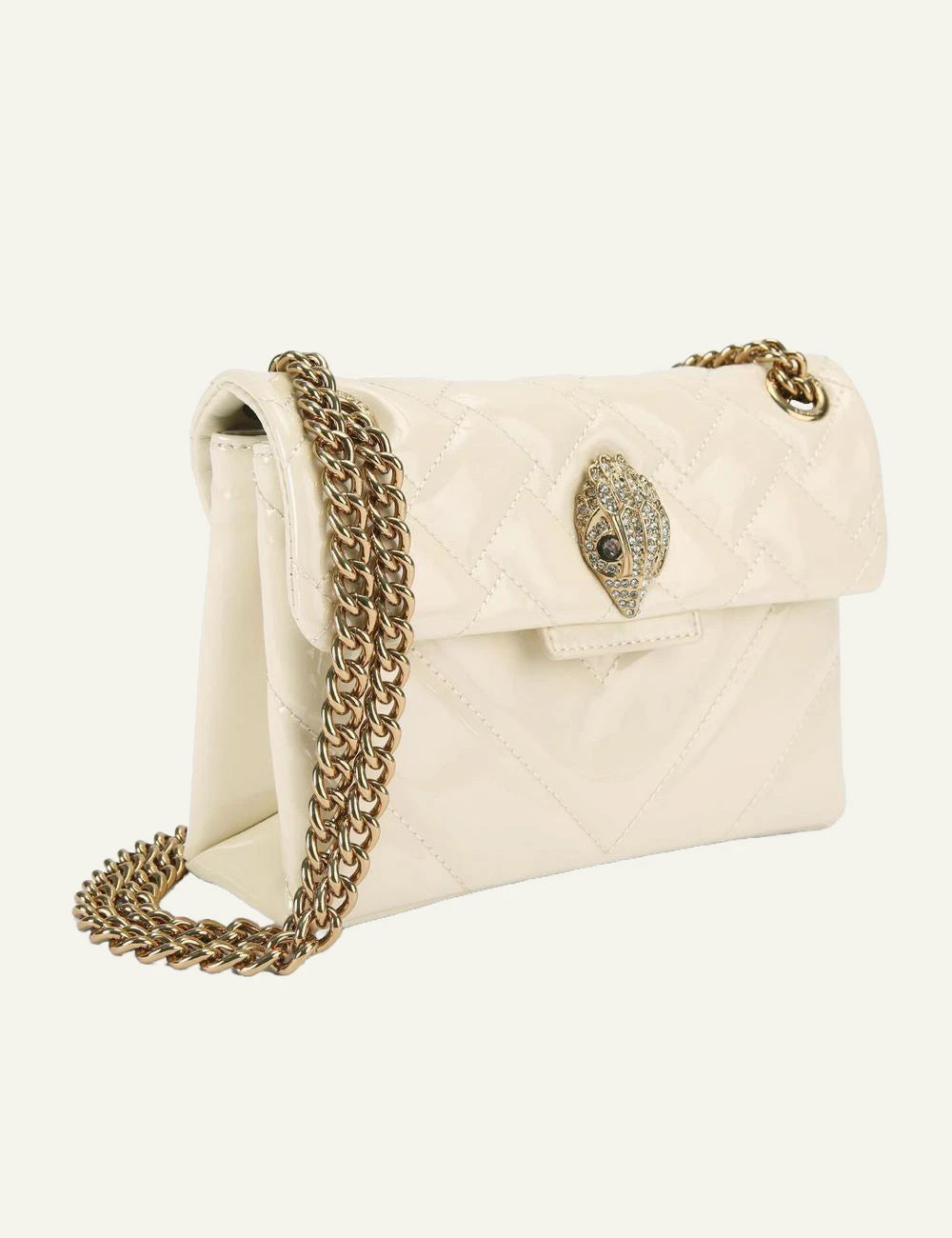 Kurt Geiger mini Kensington cream patent bag angled side view