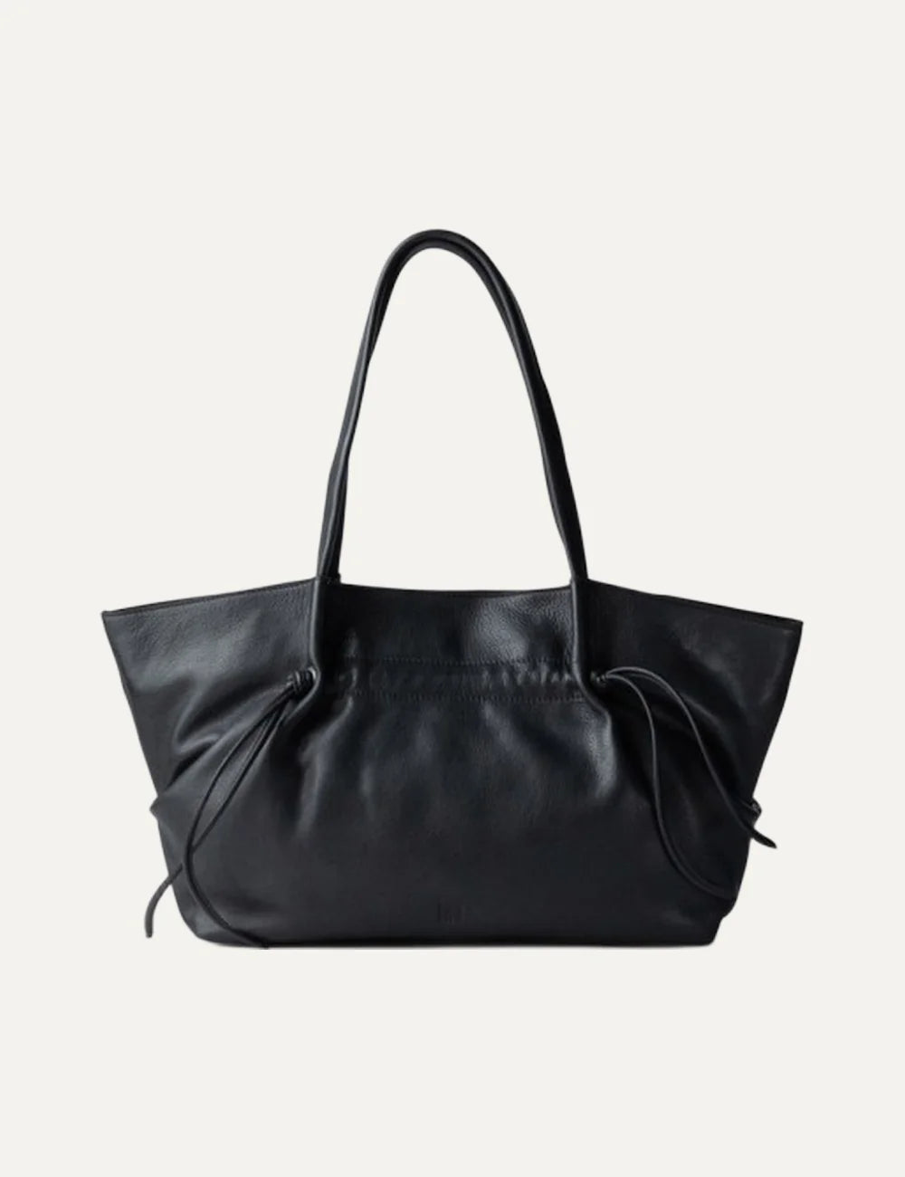 Biba black washed leather shopper bag with long shoulder handles, gathered sides and leather drawstring details.
