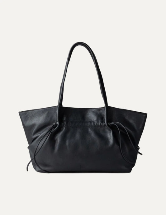 Biba black washed leather shopper bag with long shoulder handles, gathered sides and leather drawstring details.