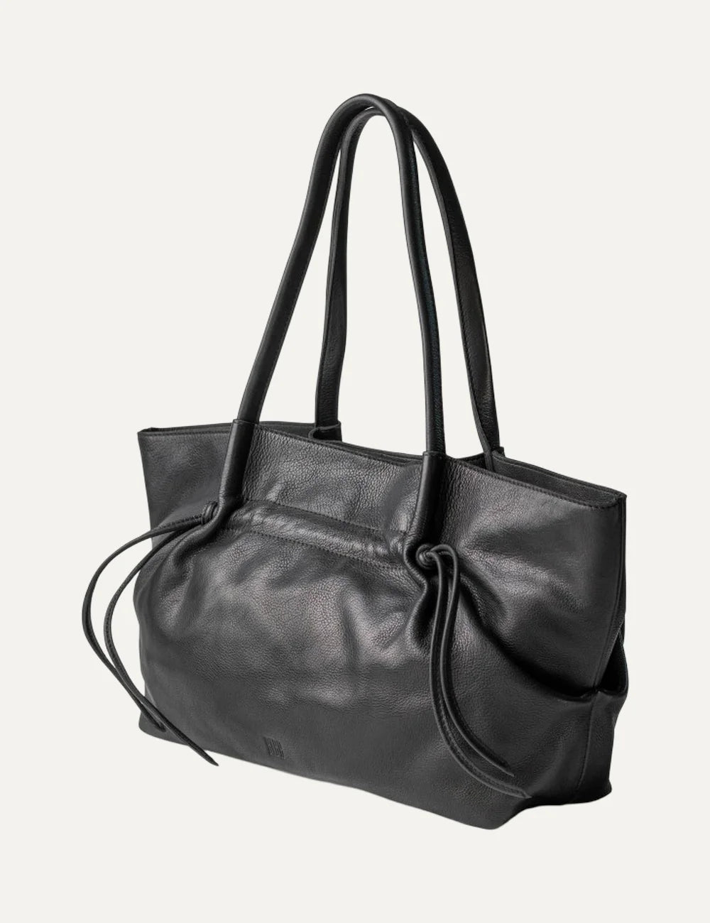 Biba black washed leather shopper bag with long shoulder handles, gathered sides and leather drawstring details side