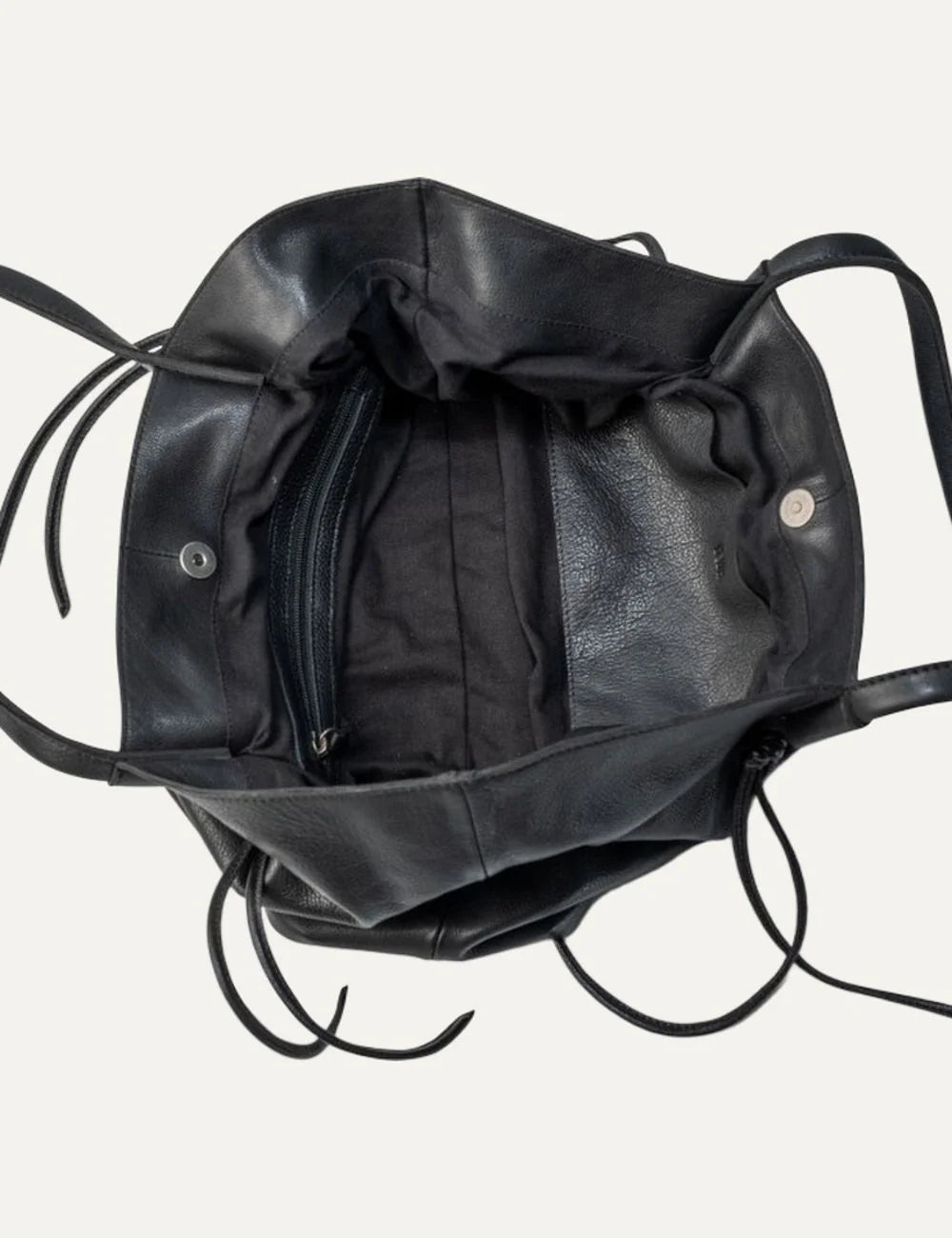 Biba black washed leather shopper bag with long shoulder handles, gathered sides and leather drawstring details top