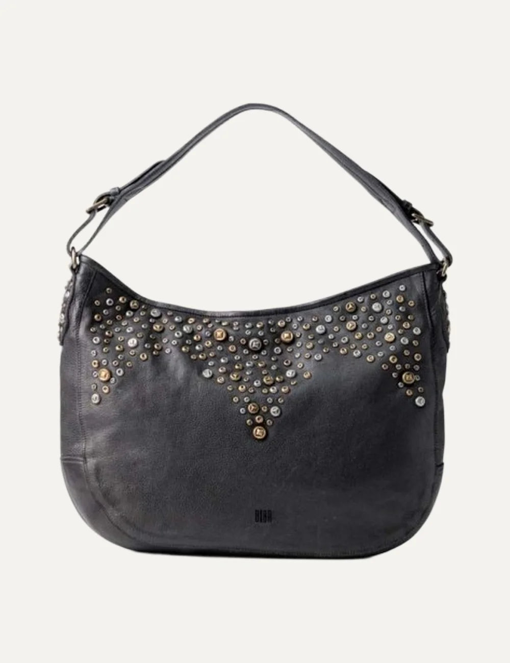 Biba black washed leather hobo shoulder bag with gold and silver studs, curved silhouette and adjustable strap.