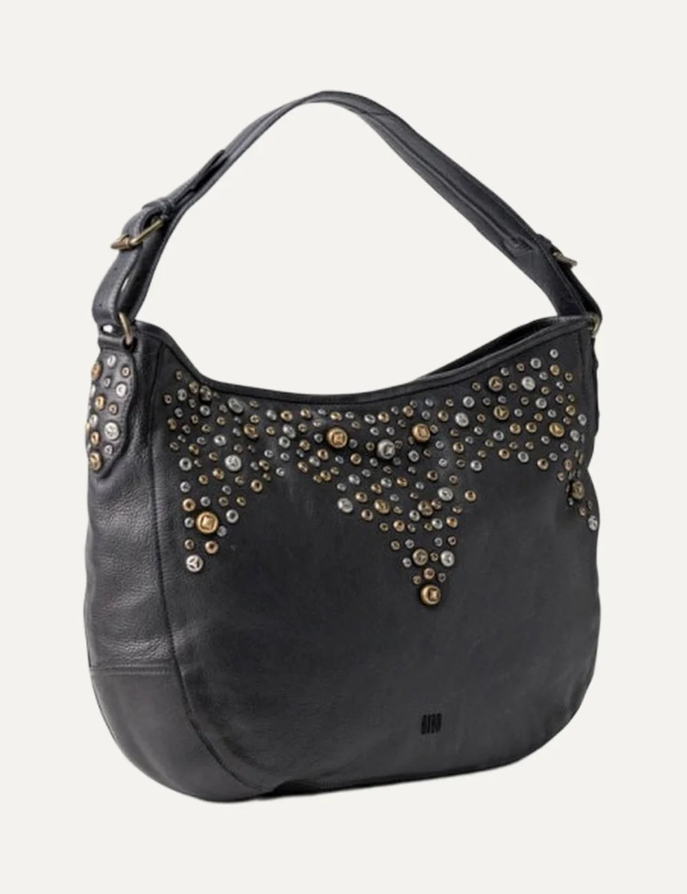 Biba black washed leather hobo shoulder bag with gold and silver studs, curved silhouette and adjustable strap side