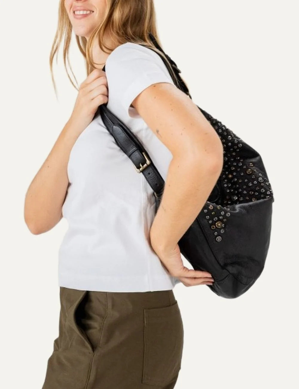 Biba black washed leather hobo shoulder bag with gold and silver studs, curved silhouette and adjustable strap model