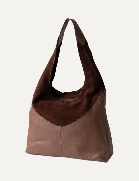 Biba Ethel women's two-tone brown leather hobo shoulder bag combining dark brown suede and smooth leather with a slouchy silhouette and wide shoulder strap.