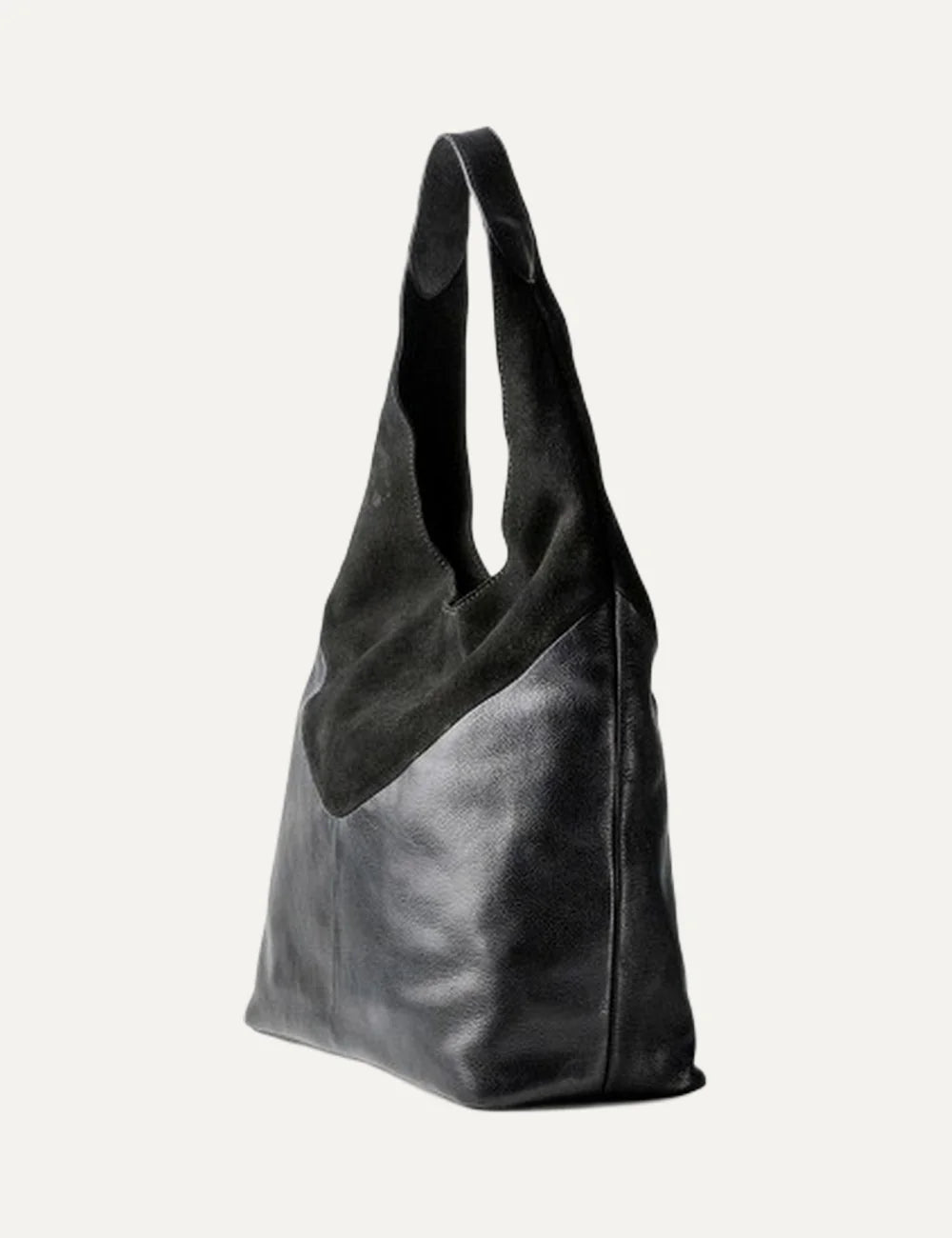 Biba Ethel women's black leather hobo shoulder bag combining black suede and smooth leather with a slouchy silhouette and wide shoulder strap side