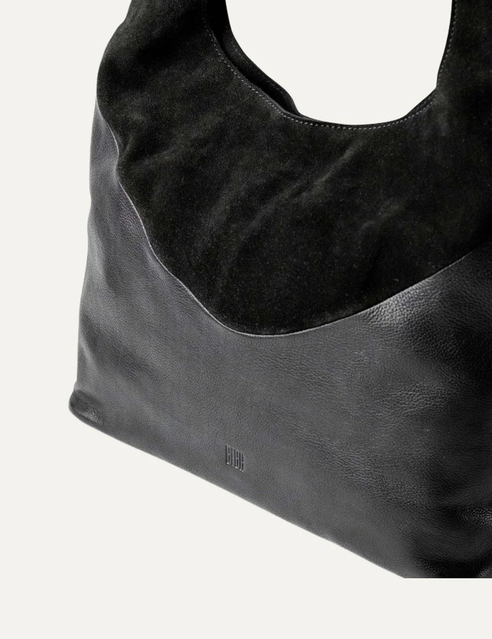 Biba Ethel women's black leather hobo shoulder bag combining black suede and smooth leather with a slouchy silhouette and wide shoulder strap top