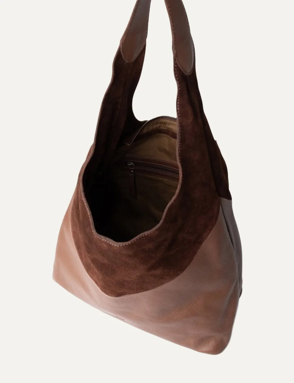 Biba Ethel women's two-tone brown leather hobo shoulder bag combining dark brown suede and smooth leather with a slouchy silhouette and wide shoulder strap top