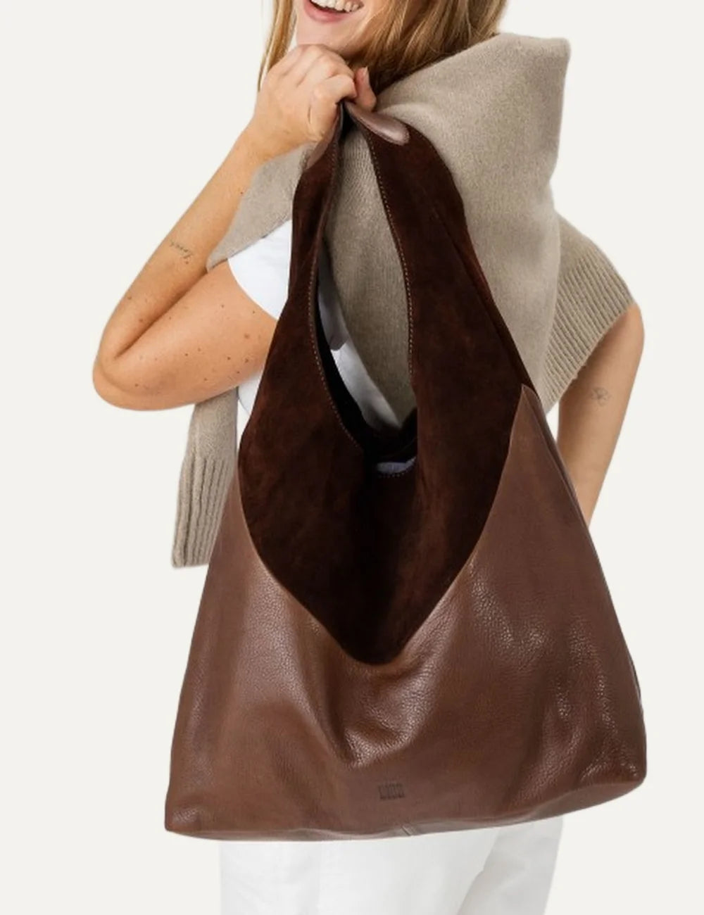 Biba Ethel women's two-tone brown leather hobo shoulder bag combining dark brown suede and smooth leather with a slouchy silhouette and wide shoulder strap model