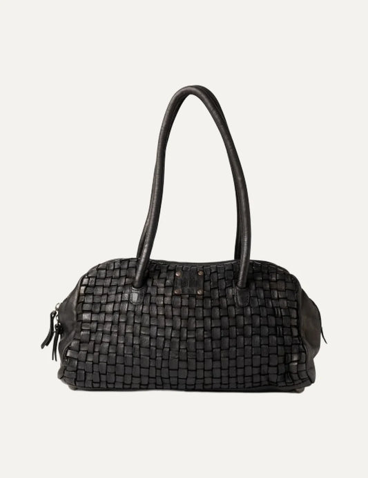 Biba Kansas black washed leather baguette shoulder bag with handwoven texture, two long handles and zip closure.