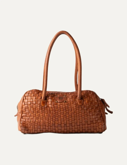 Biba Kansas tan brown leather baguette shoulder bag with handwoven texture, long handles and zip closure.