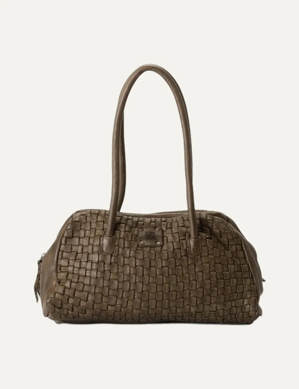 Biba Kansas khaki washed leather baguette shoulder bag with handwoven texture, two long handles and zip closure.