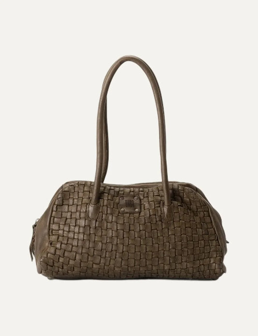 Biba Kansas khaki washed leather baguette shoulder bag with handwoven texture, two long handles and zip closure.