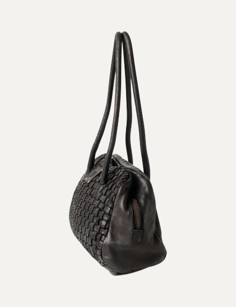 Biba Kansas black washed leather baguette shoulder bag with handwoven texture, two long handles and zip closure side