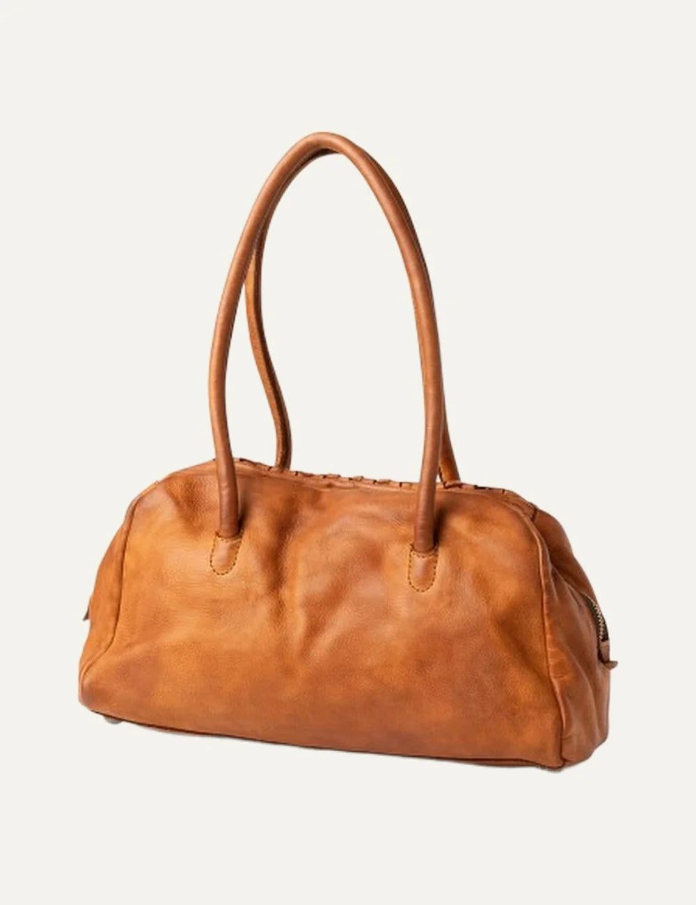Biba Kansas tan brown leather baguette shoulder bag with handwoven texture, long handles and zip closure side