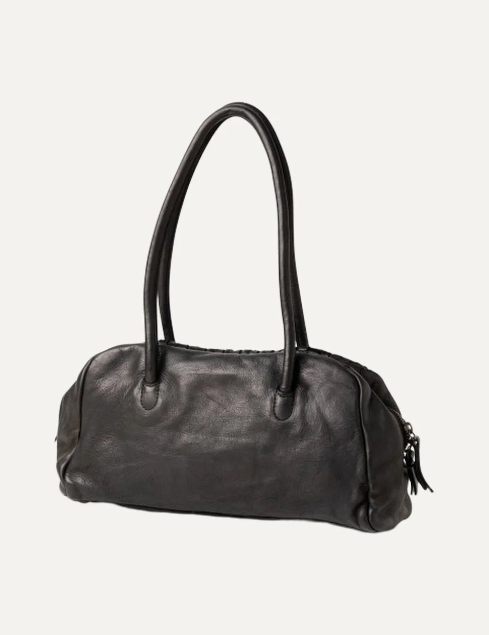 Biba Kansas black washed leather baguette shoulder bag with handwoven texture, two long handles and zip closure side