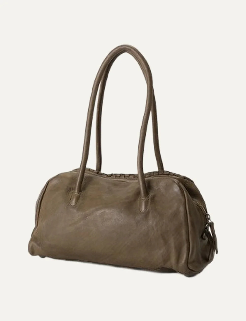 Biba Kansas khaki washed leather baguette shoulder bag with handwoven texture, two long handles and zip closure side