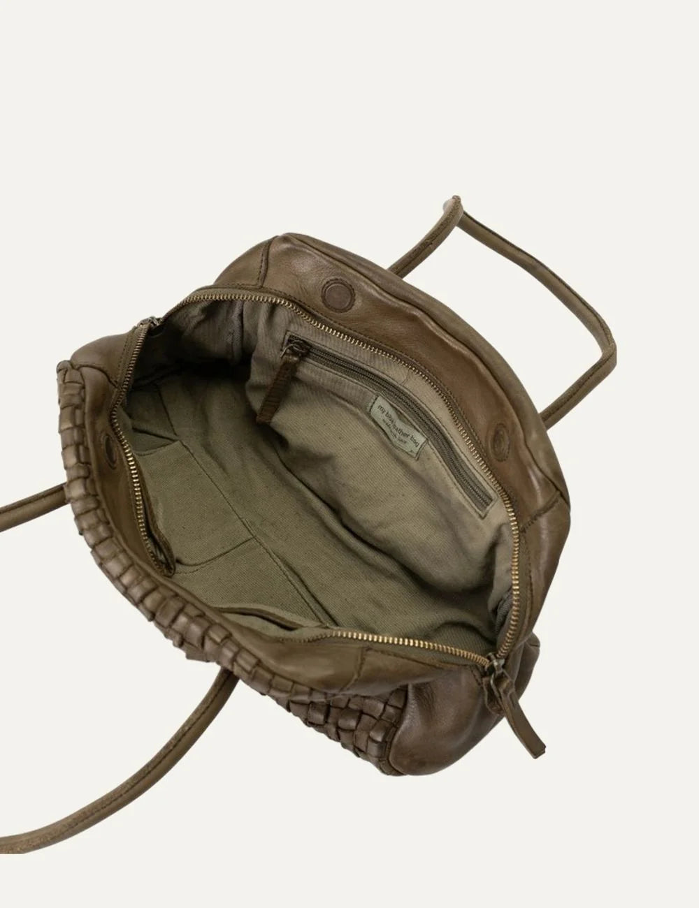 Biba Kansas khaki washed leather baguette shoulder bag with handwoven texture, two long handles and zip closure top
