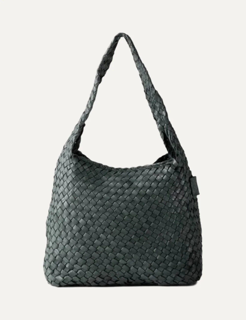 Biba Killen women's dark green woven leather hobo shoulder bag with a slouchy silhouette, braided shoulder strap and seamless woven design.