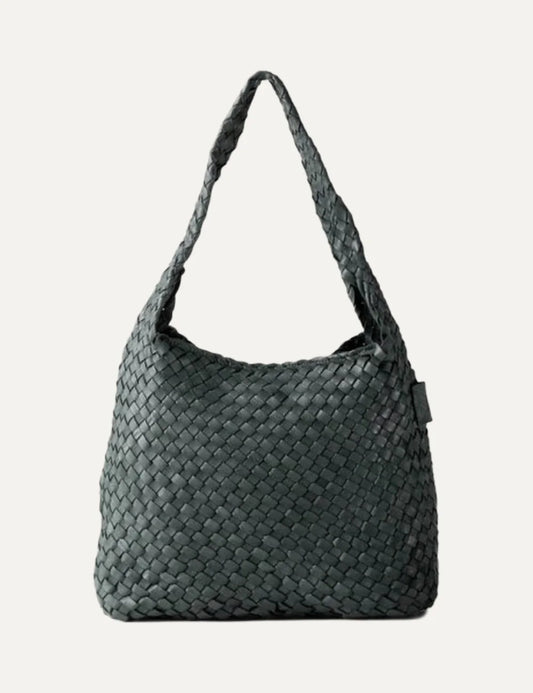 Biba Killen women's dark green woven leather hobo shoulder bag with a slouchy silhouette, braided shoulder strap and seamless woven design.
