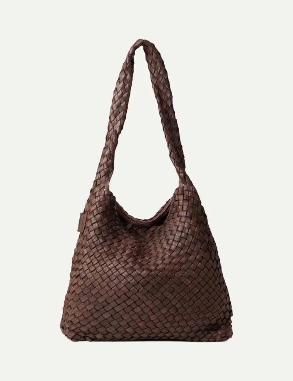 Biba Killen women's dark brown woven leather hobo shoulder bag with a slouchy silhouette, braided shoulder strap and seamless woven design.