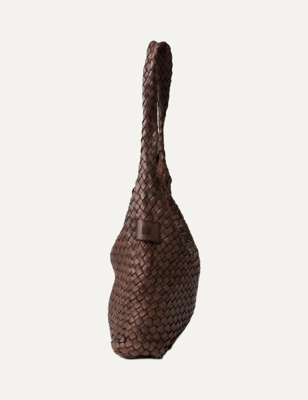 Biba Killen women's dark brown woven leather hobo shoulder bag with a slouchy silhouette, braided shoulder strap and seamless woven design side