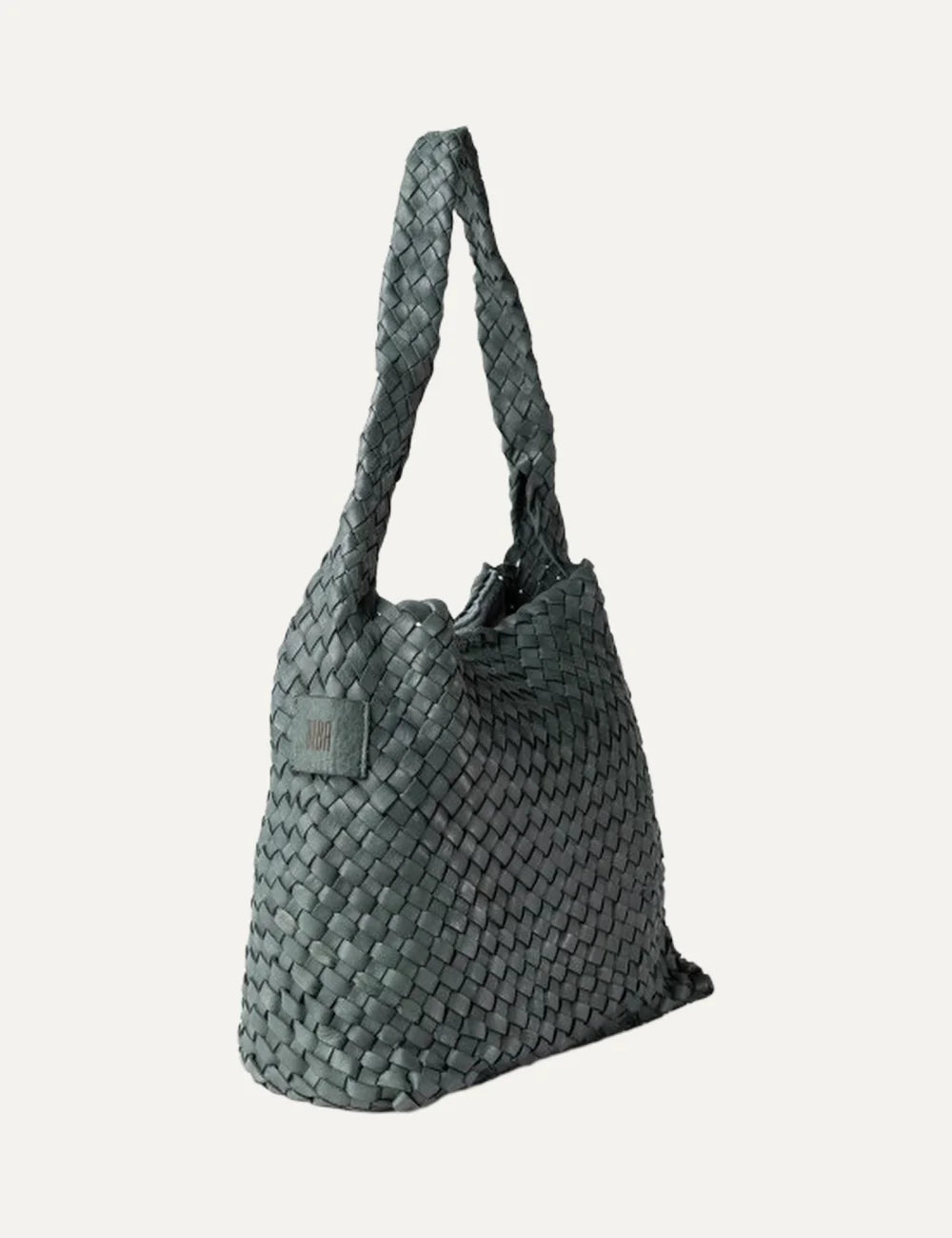 Biba Killen women's dark green woven leather hobo shoulder bag with a slouchy silhouette, braided shoulder strap and seamless woven design side