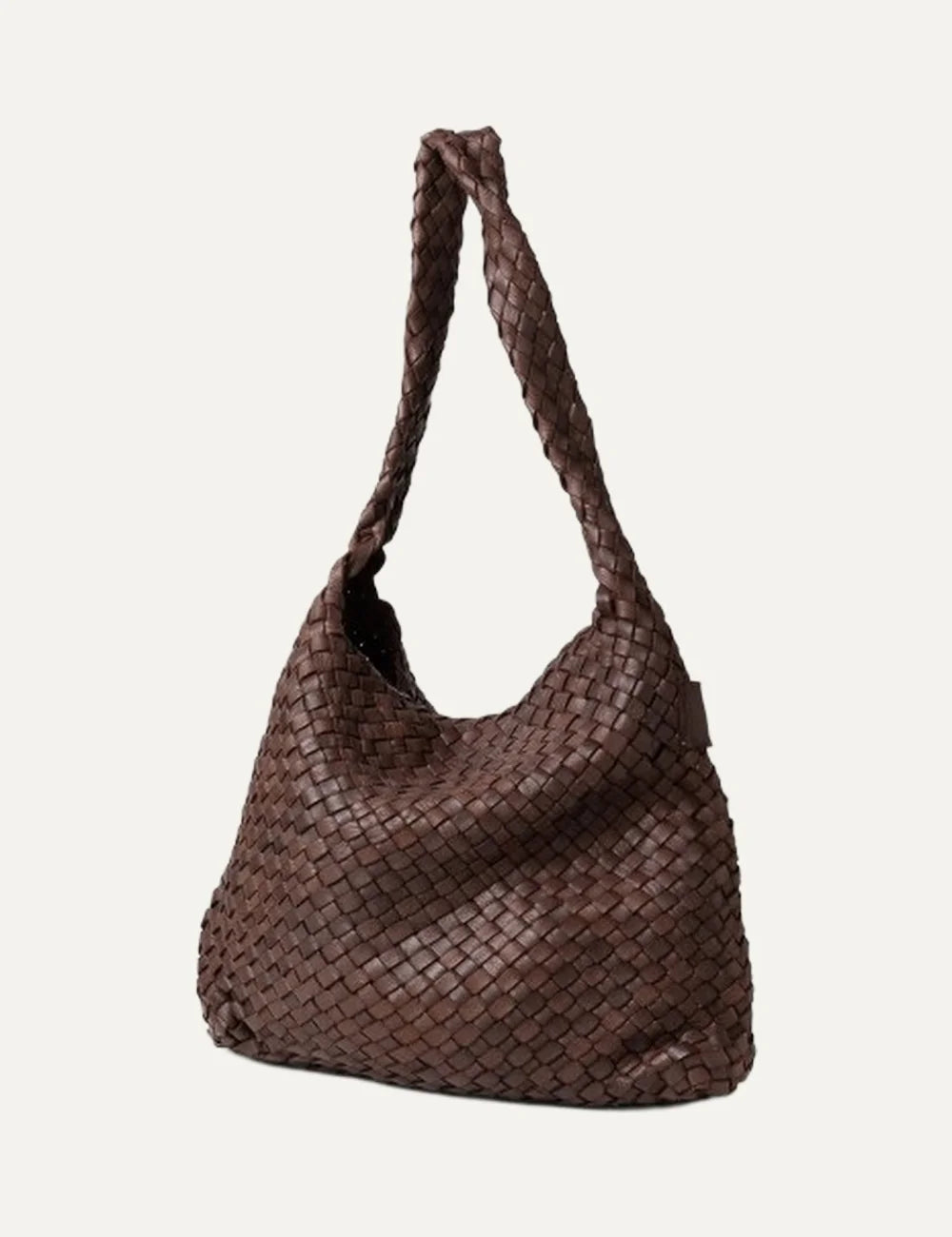 Biba Killen women's dark brown woven leather hobo shoulder bag with a slouchy silhouette, braided shoulder strap and seamless woven design side