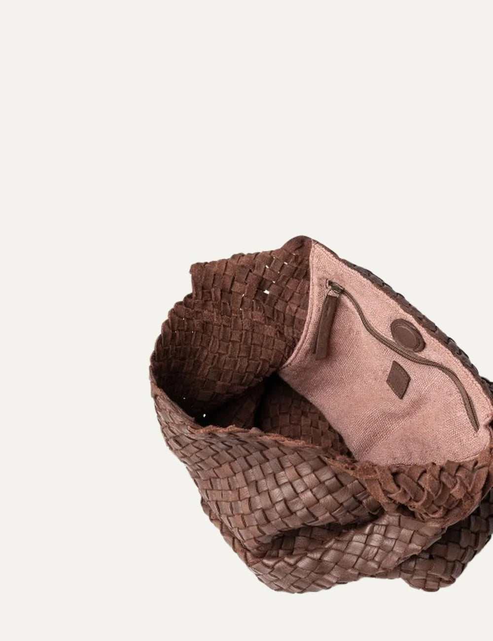 Biba Killen women's dark brown woven leather hobo shoulder bag with a slouchy silhouette, braided shoulder strap and seamless woven design top