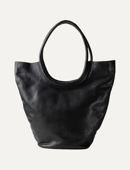 Biba women's black washed leather shopper bag with a soft slouchy silhouette, rounded shoulder handles and subtle embossed front logo.