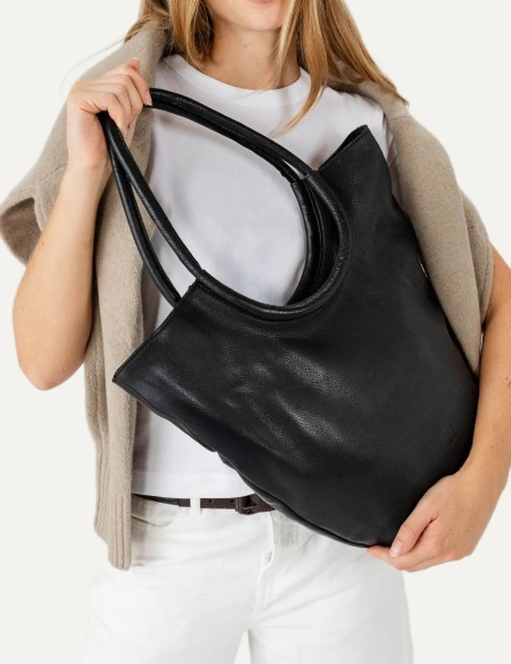 Biba women's black washed leather shopper bag with a soft slouchy silhouette, rounded shoulder handles and subtle embossed front logo model