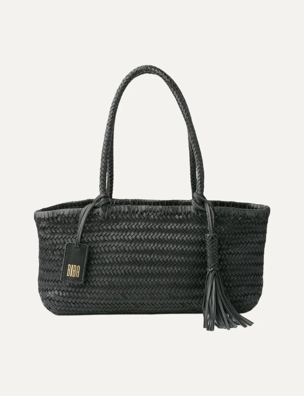 Biba Perkins black woven leather baguette shoulder bag with elongated shape, braided handles, leather tassel and logo tag.