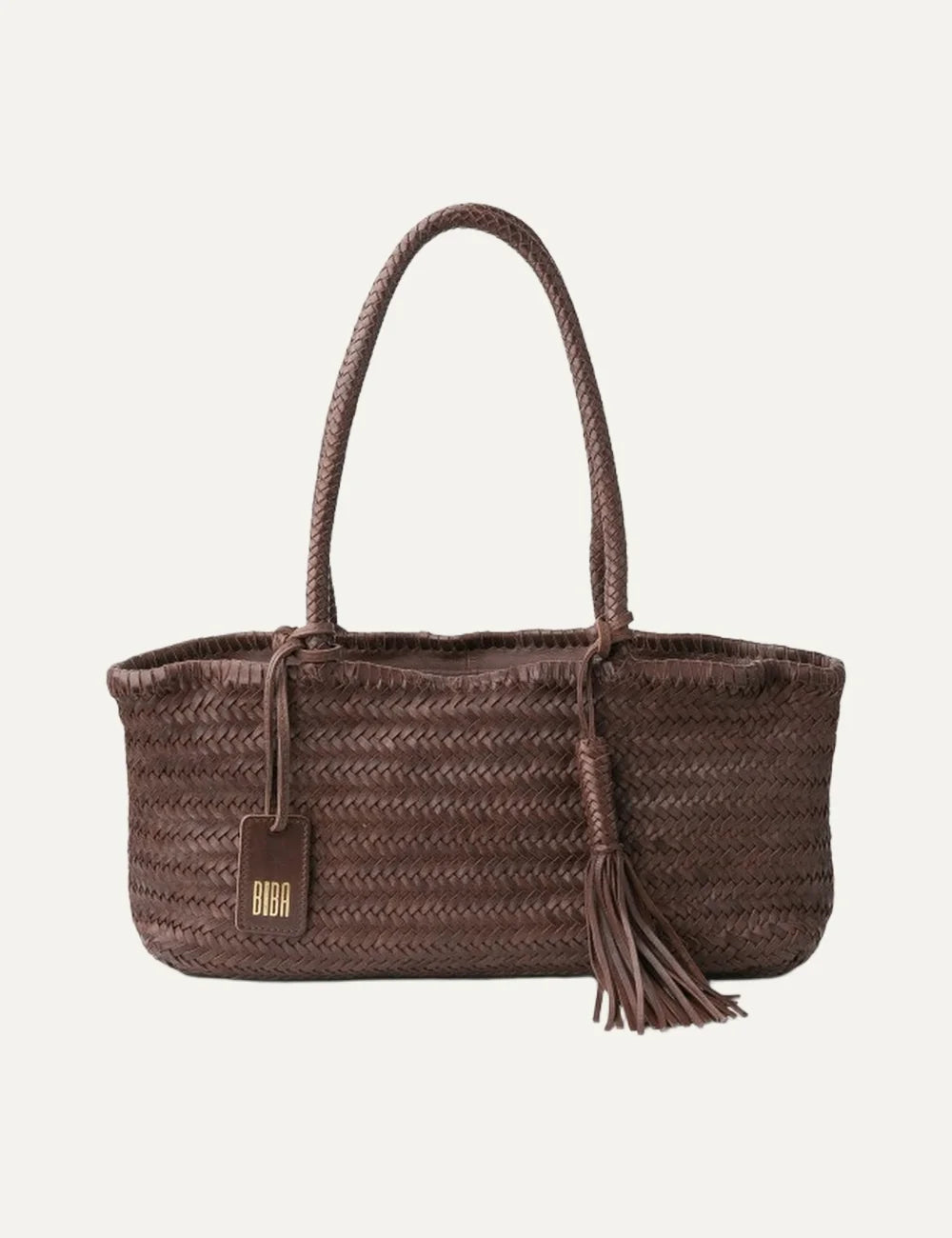 Biba women's dark brown handwoven leather baguette shoulder bag with braided handles, leather tassel and hanging Biba logo tag.