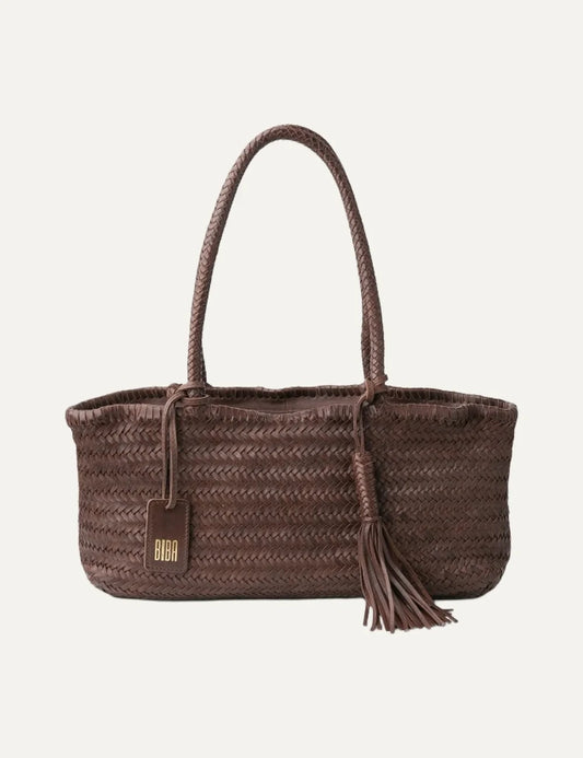 Biba women's dark brown handwoven leather baguette shoulder bag with braided handles, leather tassel and hanging Biba logo tag.