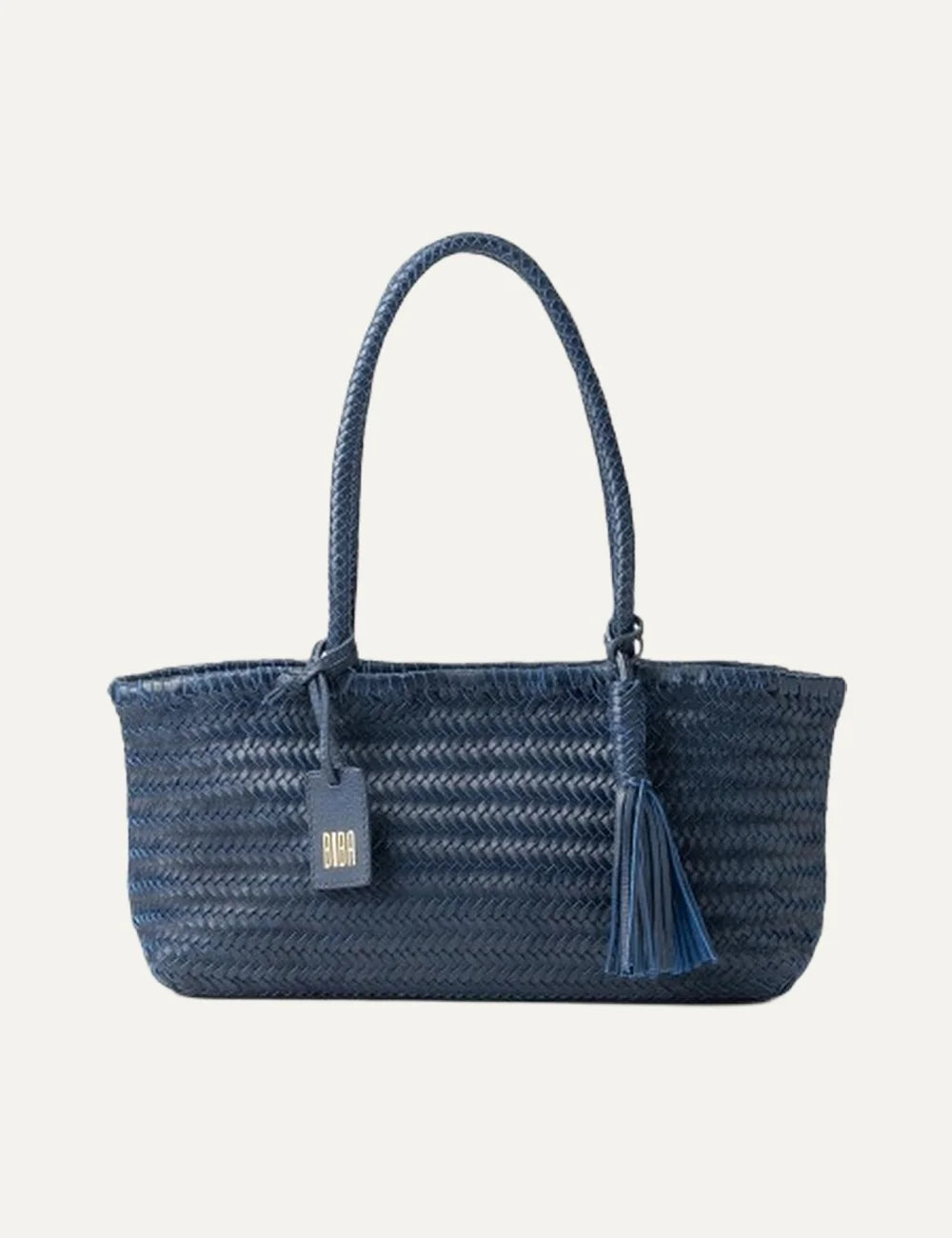 Biba Perkins blue woven leather baguette shoulder bag with elongated silhouette, braided handles, leather tassel and logo tag.