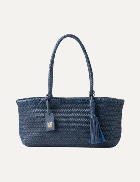 Biba Perkins blue woven leather baguette shoulder bag with elongated silhouette, braided handles, leather tassel and logo tag.
